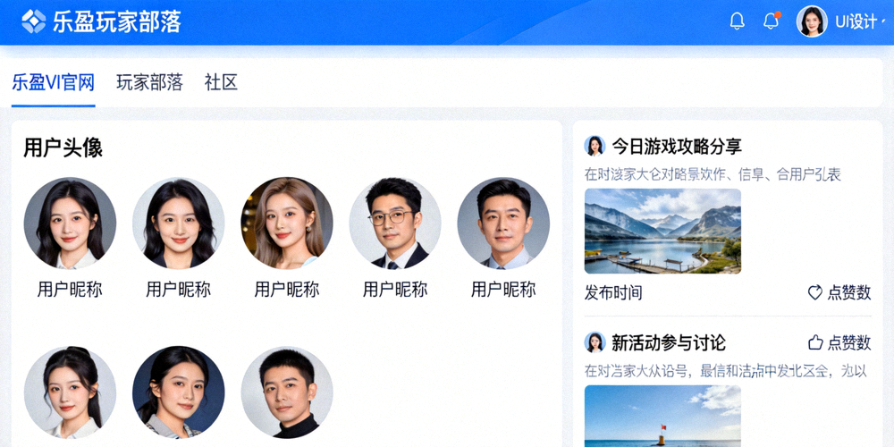 乐盈VI官网玩家部落社区界面，展示用户头像与互动帖子列表